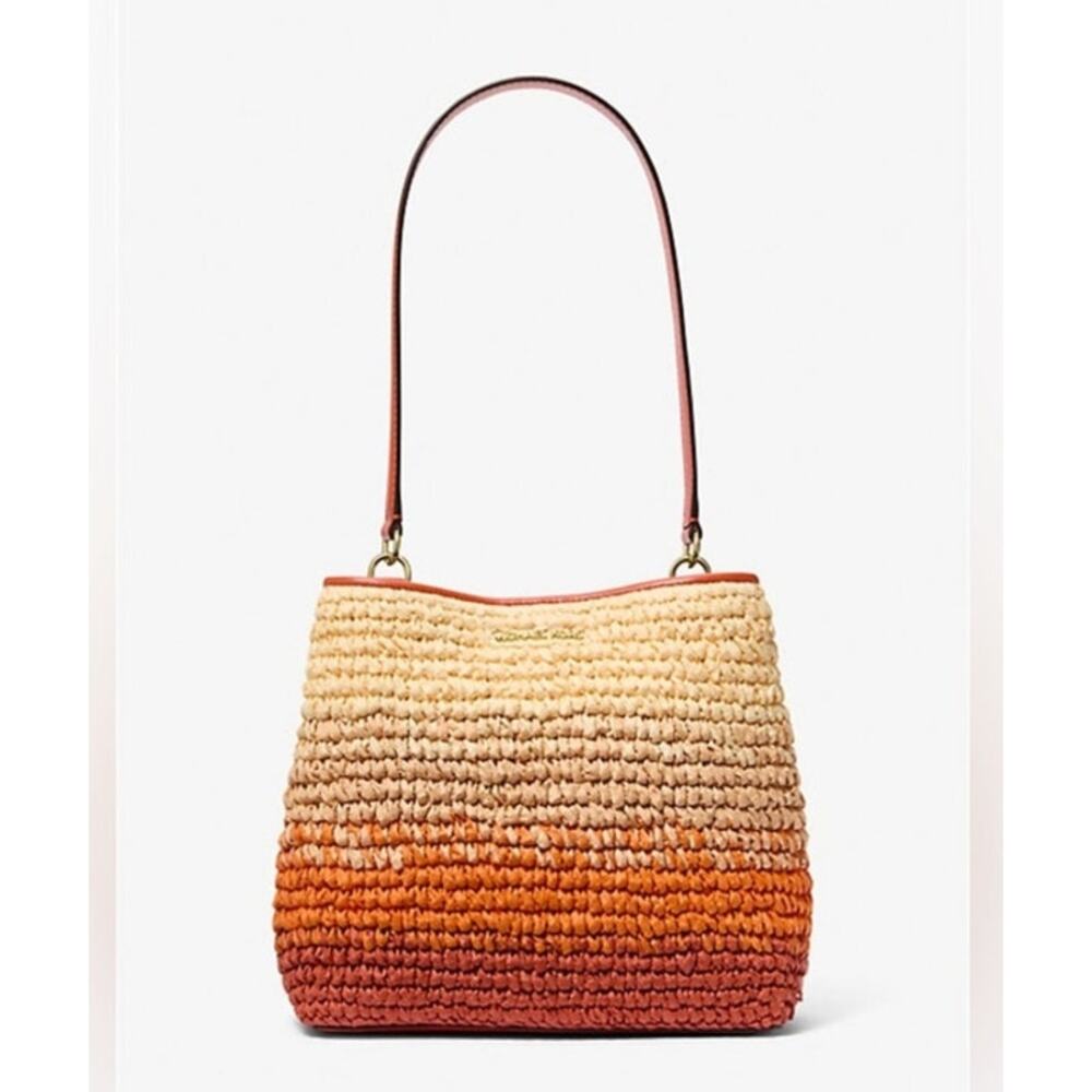 Michael Kors Pratt Medium Ombre Straw Shoulder Bag Red Clay Orange Summer Boho
